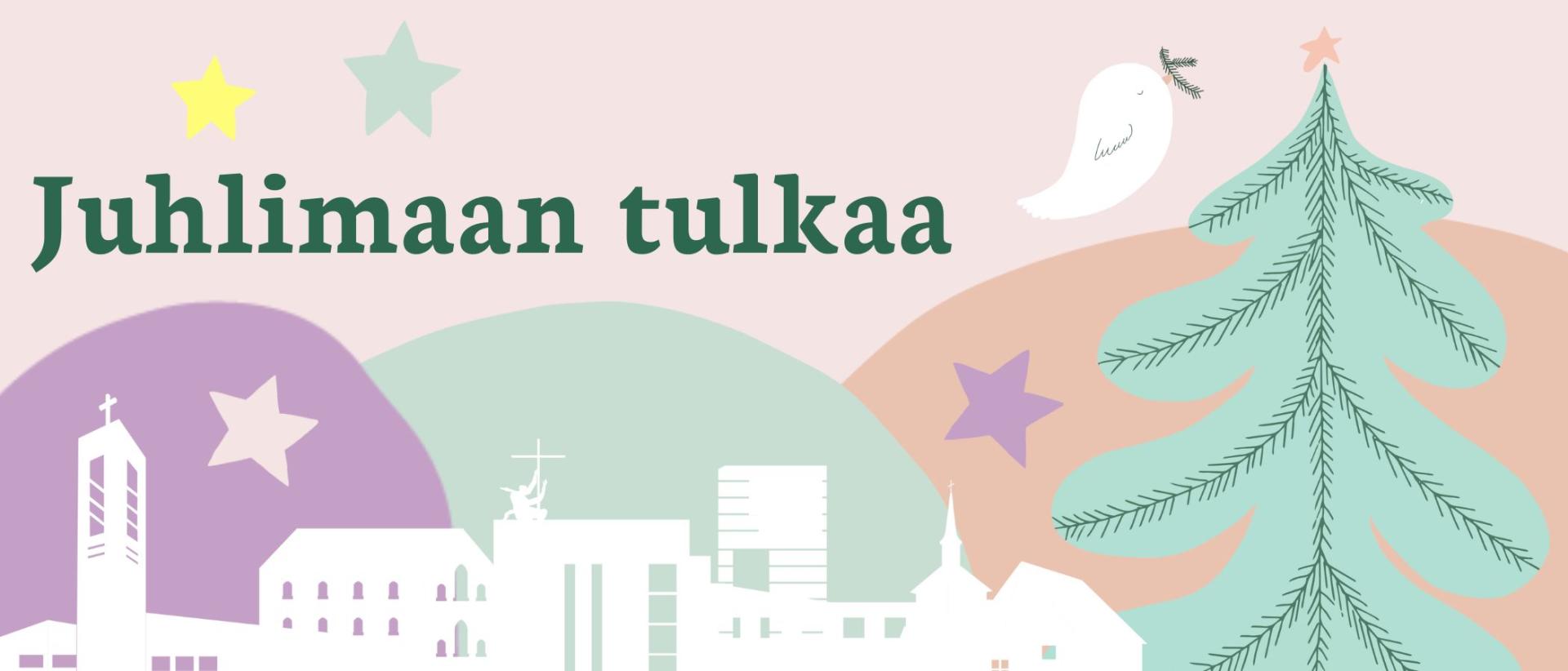 teksti: juhlimaan tulkaa, pastellin värisiä tähtiä, joulukuuso, kyyhky, uuden seurakunnan kirkot